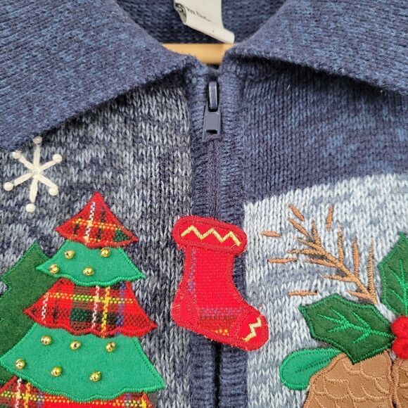 Heirloom Collectibles Y2K Embellished Christmas Sweater Zip Vest Blue Tartan - Picture 2 of 10